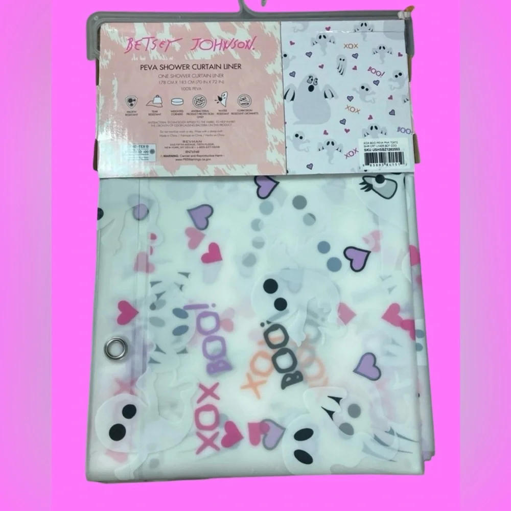 Betsey Johnson NWT Pink Purple Heart Ghost Halloween PEVA Shower Curtain